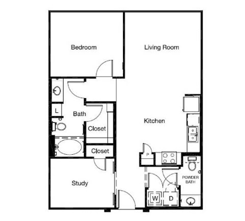Floor plan for 1 bed, 2 baths, 908 sqft